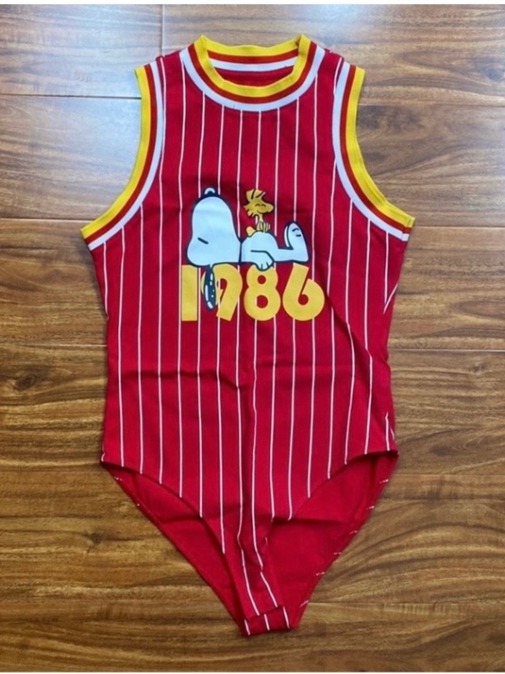 3/$25 Peanuts Snoopy Womens 1986 Red Yellow Stripe Sleeveless Bodysuit Size S